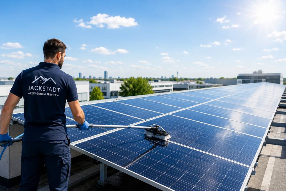 Photovoltaikreinigung München – frisch gereinigte, glänzende Solarmodule auf einem Gewerbedach